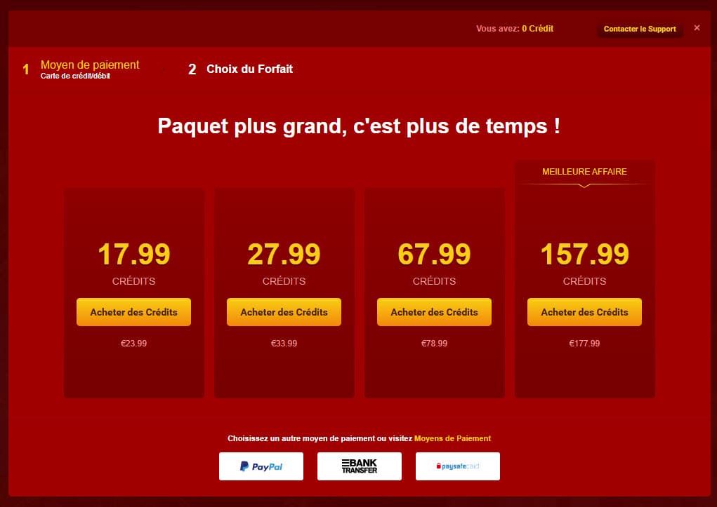 Options et prix des packs de credits LiveJasmin dans la fenêtre d'achat