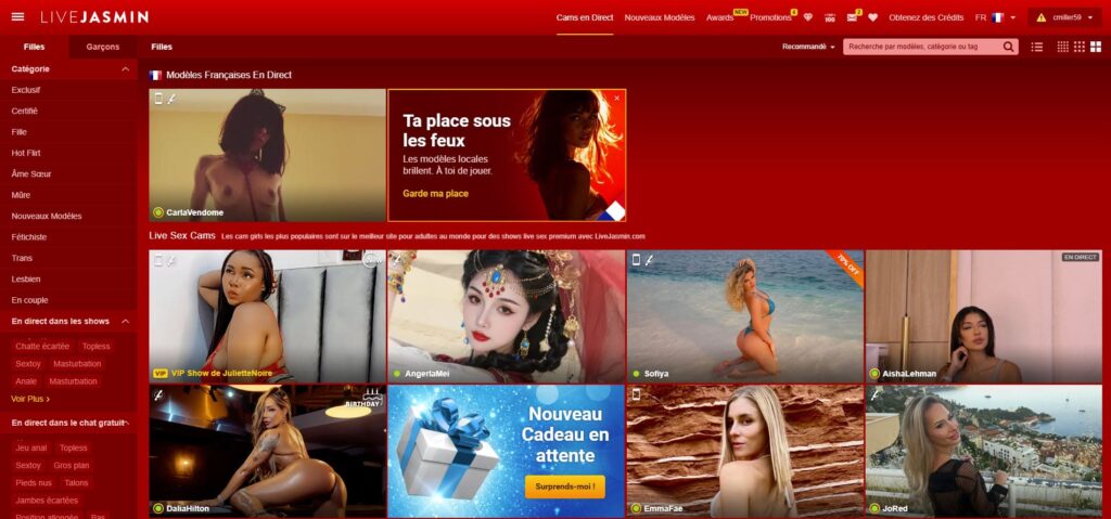 Page d'accueil de LiveJasmin avec une grille de modèles cam en direct