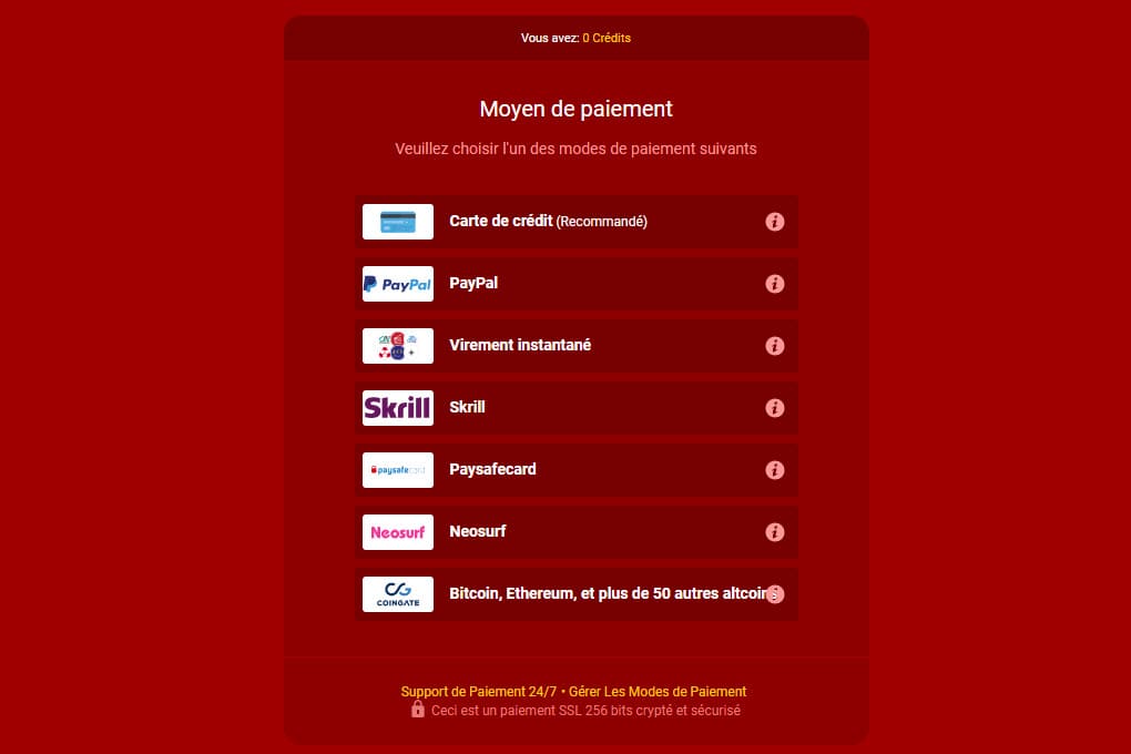 Écran de sélection du moyen de paiement sur LiveJasmin