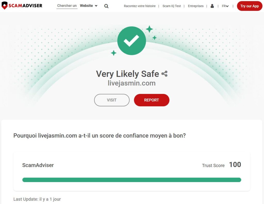 Score de confiance ScamAdviser classant LiveJasmin comme très probablement sûr