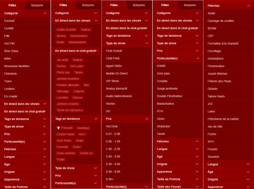 Filtres de recherche et menu de catégories des modèles LiveJasmin